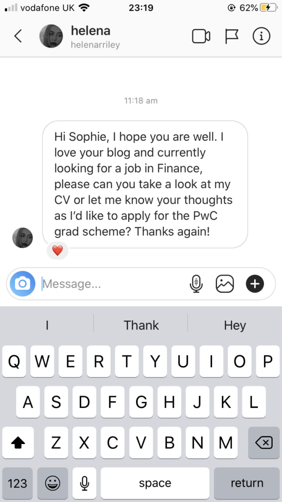 A screenshot of a conversation in which someone asks Sophie Winter for feedback on her CV ahead of applying for a graduate scheme at PwC