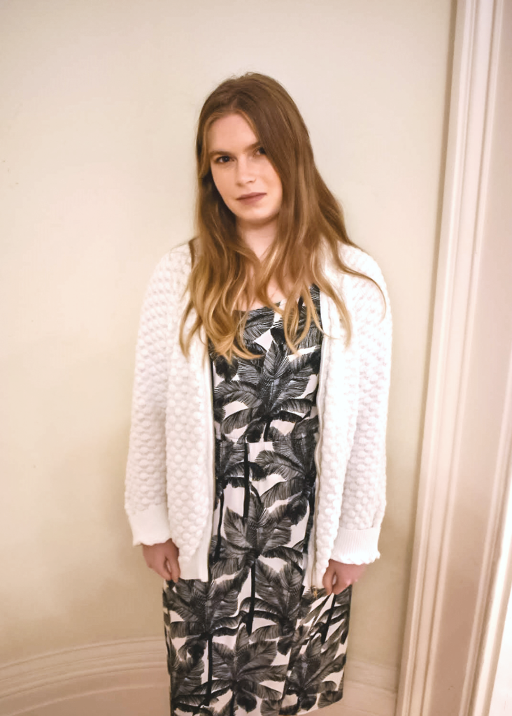 H&M white cotton cardigan and tropical black palm tree print H&M dress