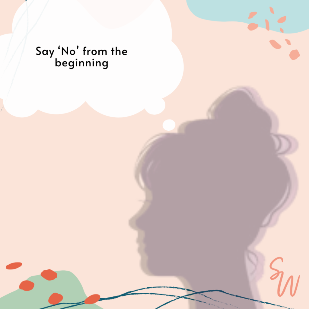 Graphic with the shadow of a woman thinking about 'saying no from the beginning in her career' - used to illustrate careers advice for early 20s.