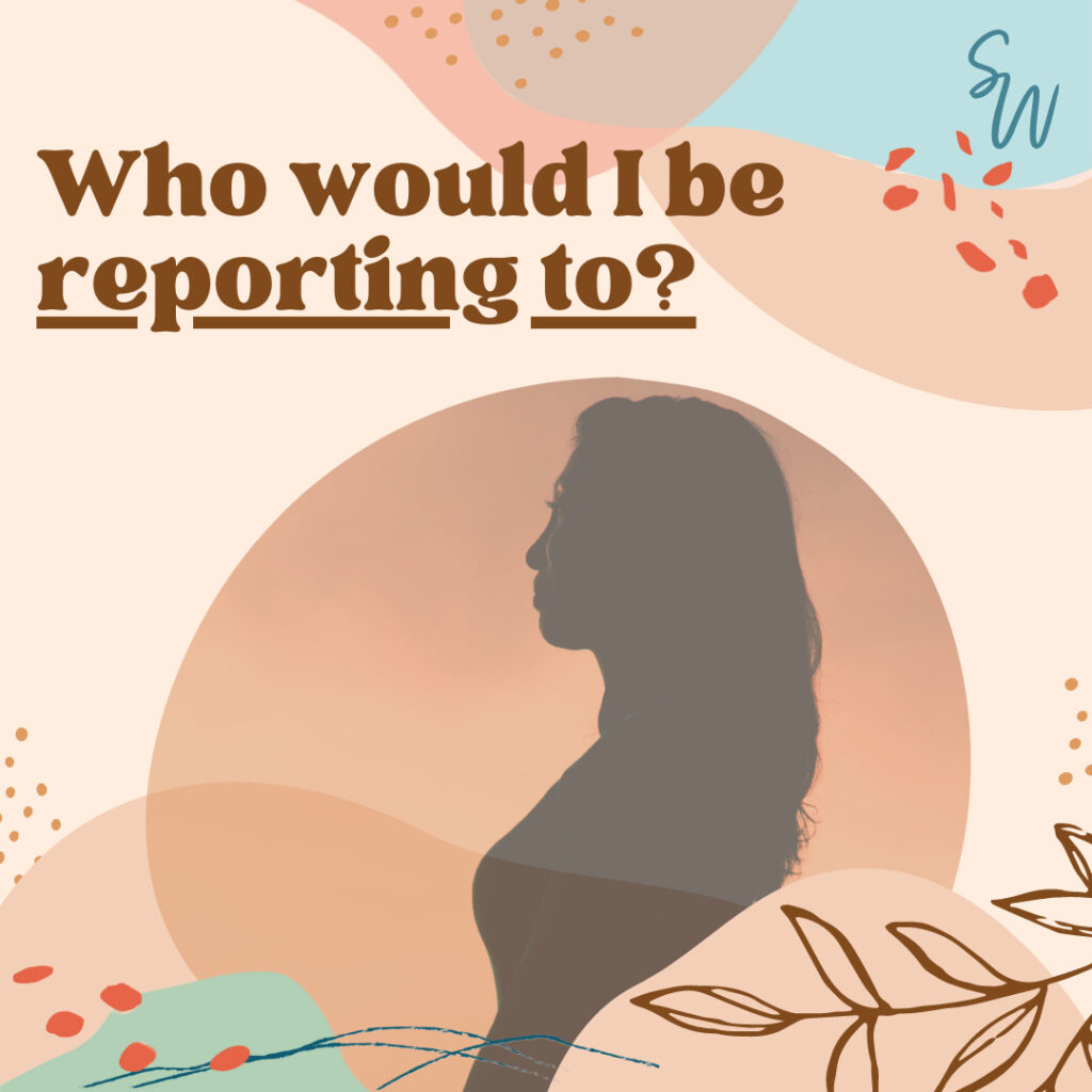 Graphic with the shadow of a woman and brown text which says 'Who would I be reporting?" - used to illustrate this is an important question to ask in an interview